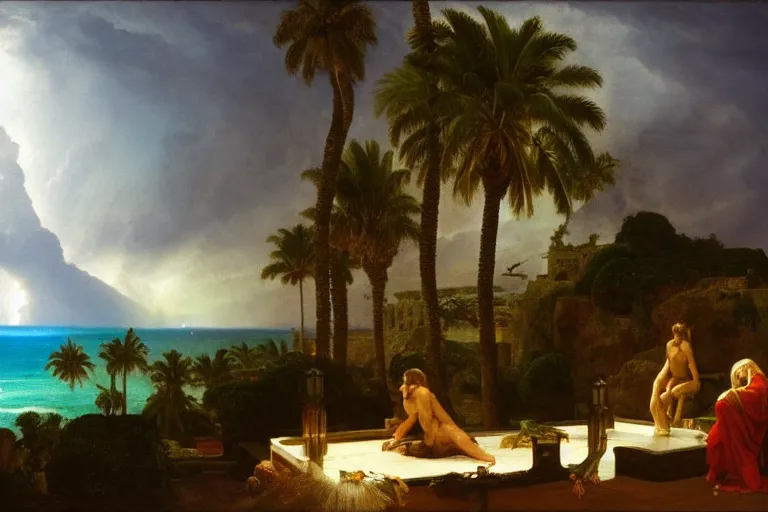 Image similar to mediterranean balustrade, refracted lightnings on the ocean, thunderstorm, greek pool, beach and Tropical vegetation on the background major arcana sky and occult symbols, by paul delaroche, hyperrealistic 4k uhd, award-winning, very detailed paradise