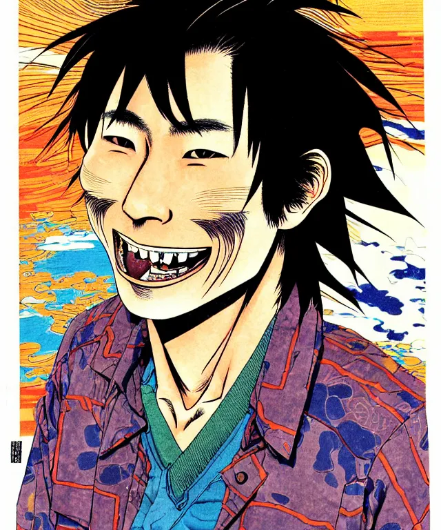 Image similar to a portrait of ruggedly handsome young japanese man with a who is smiling into the camera, his hair is messy and wild, a masterful and highly - skilled full color illustration by otomo katsuhiro and terada katsuya, anatomically correct, sharp focus, m, vivid colors