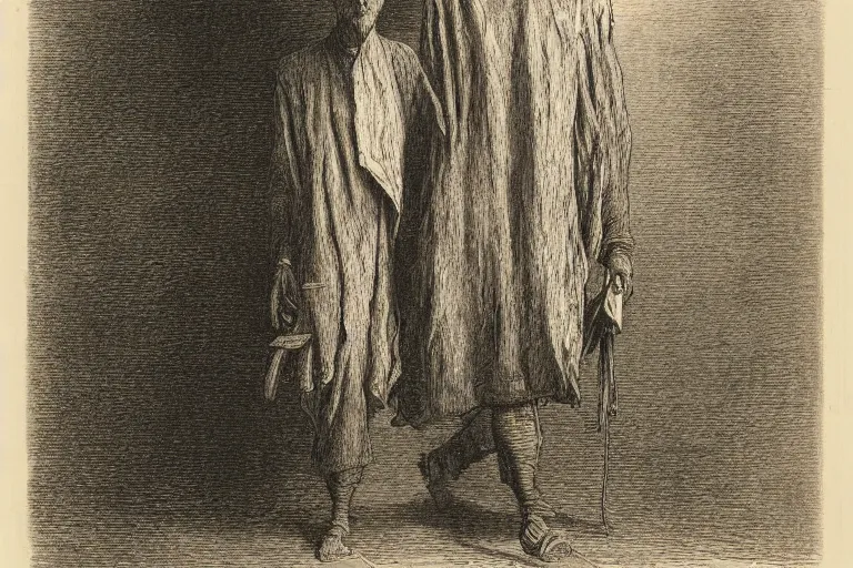 Prompt: man wearing paper bag on face, Gustave Dore lithography