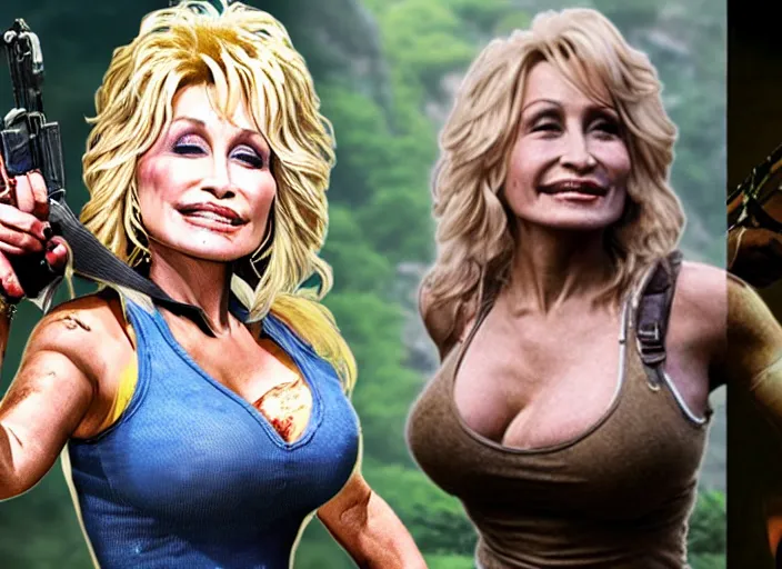 Image similar to film still of!!!! dolly parton!!! as lara croft in new tomb raider movie, 8 k