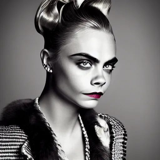 Prompt: portrait of beautiful cara delevingne with a 1 9 4 0 s hairstyle by mario testino 1 9 4 0, headshot, detailed, award winning, sony a 7 r