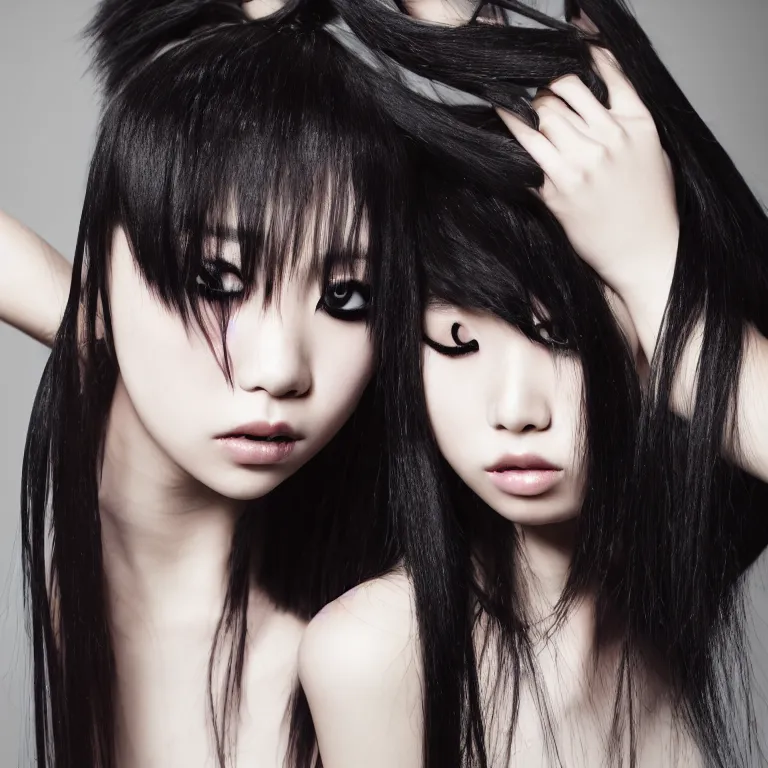 Image similar to professional photograph of female japanese models in emo makeup, long hair, fringe