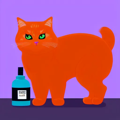 Prompt: a fluffy cat standing next to a bottle of medicine. orange cat. the cat was in a room with yellow background color. animal. digital art. artstation. illustration.