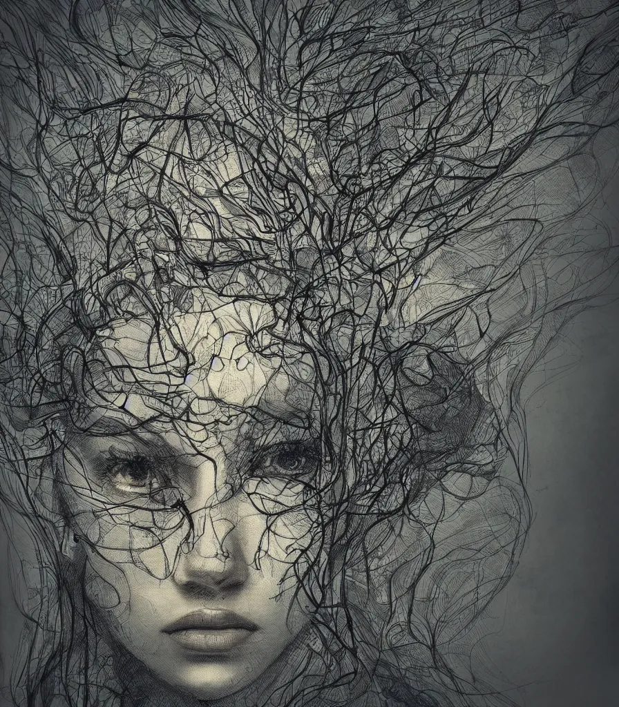 Prompt: beautiful sketched face surrounded by neurons, realistic illustration, backlit, intricate, indie studio, fantasy, rule of thirds, rim lighting, emotional