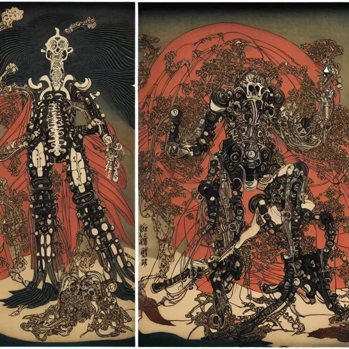 Image similar to still frame from Prometheus by Utagawa Kuniyoshi, lich god Dr doom in ornate bio cybernetic bone armour powered by magic and souls by Wayne Barlowe by peter Mohrbacher by Giger, dressed by Alexander McQueen and by Neri Oxman, metal couture hate couture editorial