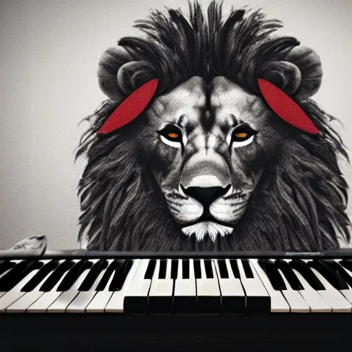 Prompt: a realistic looking lion wearing glases and holding a piano keyboard, surrounded by lemons and a red flower, dark grey background, studio lights, unreal engine render,