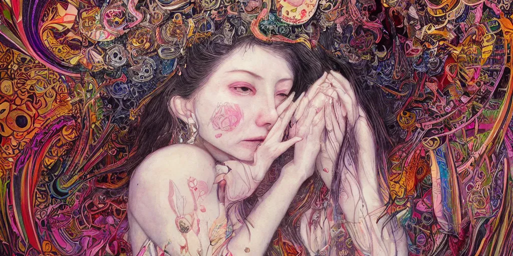 Image similar to full view portrait of a pale gypsy woman crying, in the style of jin kagetsu and james jean, background by beatriz milhazes, highly detailed, big glowing eyes, face symmetry, masterpiece, sharp focus, realistic intricate concept art, dramatic lighting, 8 k