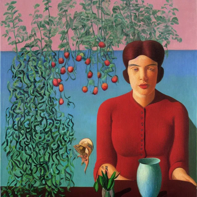 Prompt: a female art student in her apartment, plants in glass vase, river, pig, butress tree roots, pomegranate, berries dripping, acrylic on canvas, surrealist, by magritte and monet