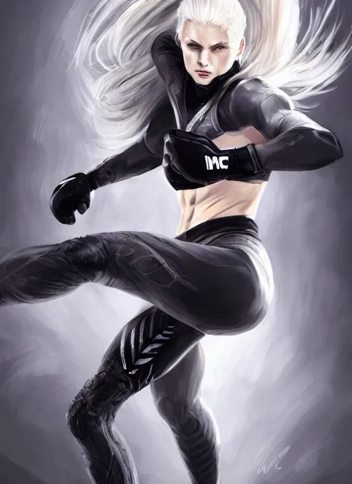 Image similar to a highly detailed illustration of fierce ponytail platinum blonde woman wearing black mma gear and gloves, dramatic powerful kicking pose, fairly muscular, athletic, intricate, elegant, highly detailed, centered, digital painting, artstation, concept art, smooth, sharp focus, league of legends concept art, WLOP