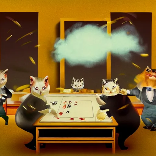 Image similar to fat mobster cats gambling at a table with a single light overhead, smoke fills the room, chinese art style photo