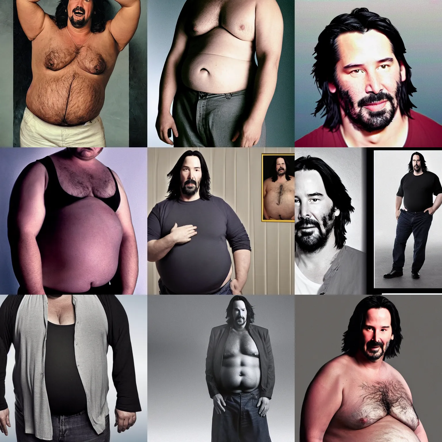 Prompt: obese keanu reeves with exposed belly on medium portrait on real photograph, 8 k film still