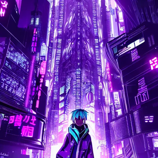 Image similar to Giant Purple Amethyst in cyberpunk neon Tokyo in style of Tsutomu Nihei. Cyberpunk, vertical symmetry, 8K, Highly Detailed, Intricate.