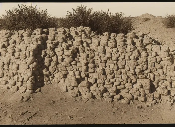 Image similar to Photograph of a small hexagonal dirt tumulus in a lush desert, with a wooden door, albumen silver print, Smithsonian American Art Museum