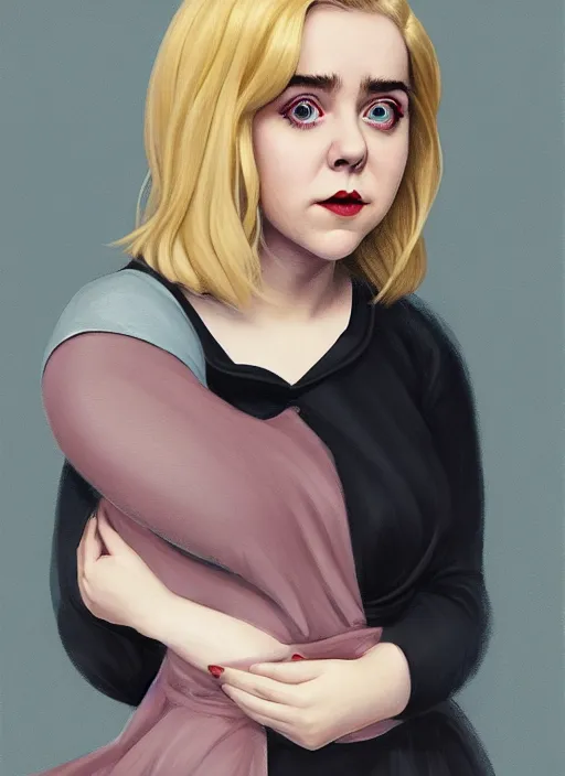 Image similar to full body portrait, kiernan shipka as sabrina spellman, white hair, obese, bangs, sultry, realistic, sultry smirk, fluffy bangs, curly bangs, fat, belly, intricate, elegant, highly detailed, digital painting, artstation, concept art, smooth, sharp focus, illustration, art by wlop, mars ravelo and greg rutkowski