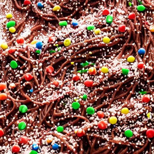 Image similar to cookbook photo of chocolate spaghetti, sprinkles