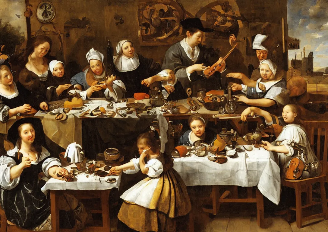 Prompt: Jan Steen. The gentle depth of the composition is based on a triangle, beautiful woman in the center looking at us with man wineglass. fallen asleep at the table on the left. “opportunity makes the thief ” little girl’s brother is trying out a pipe, playing carelessly with a string of pearls. lady of the house play a violin. to live at home were considered suspect in the popular culture of the Netherlands at the time. in a provocative gesture she holds a filled glass between the legs of the man of the house, while he dismisses with a grin the admonishment of the nun standing on the right. The duck on the shoulder identifies him as a Quaker, who urges the reading of pious texts. Finally, the pig in the doorway to the kitchen on the right. a sword and a crutch in a basket suspended from the ceiling. Luxuria extravagance. Steen had to earn a living by running an inn and a brewery. low ceiling, small chamber. Hyperrealistic, ultra detailed, 80mm, museum, artwork.