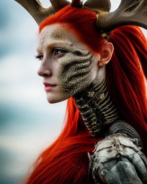 Image similar to 5 5 mm portrait photo of an armored redhead woman with antlers and a an iguana sitting on her shoulder by luis royo. highly detailed 8 k. intricate. lifelike. soft light. nikon d 8 5 0. cinematic post - processing