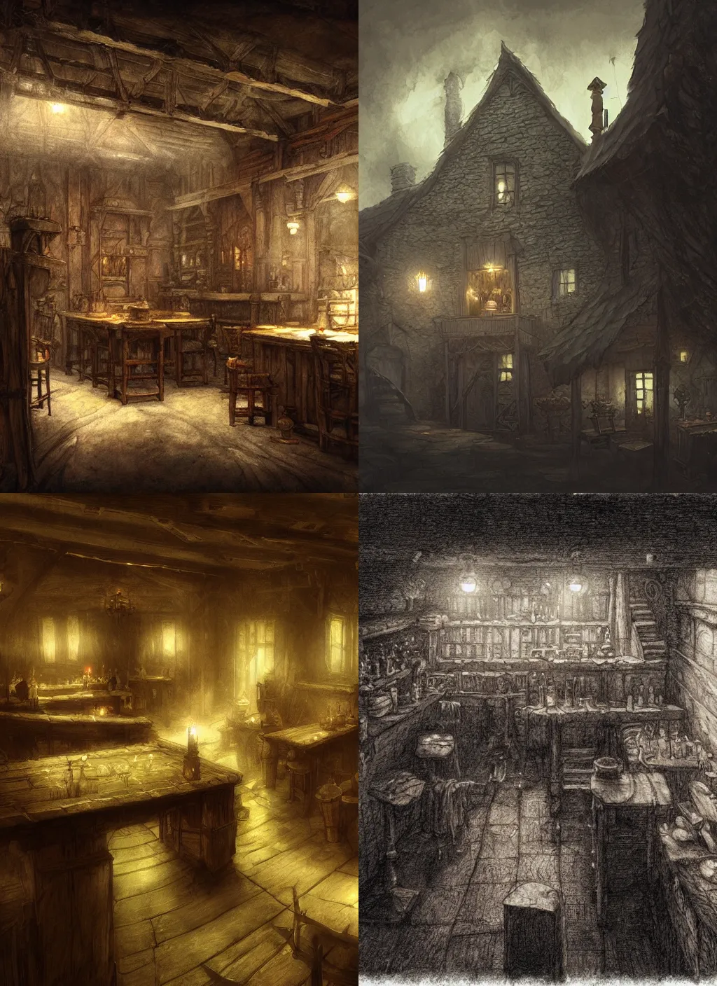 Prompt: a tavern in alan lee and marc simonetti and emil melmoth style , cinematic lighting