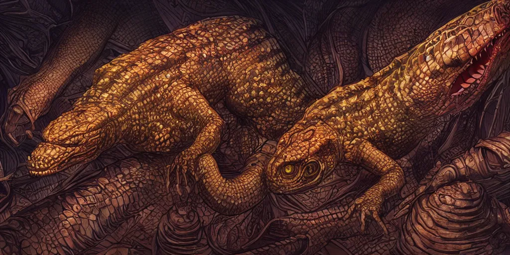 Prompt: interdimensional reptilian overlords plotting humanity's demise, intricate, highly detailed, beautiful lighting, in the style of artgerm, 8k