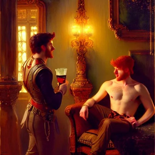 Image similar to attractive male mike and attractive male tyler, one is ginger and the other brunet, drinking their hearts out, in their noble mansion, at night. highly detailed painting by gaston bussiere, craig mullins, j. c. leyendecker 8 k