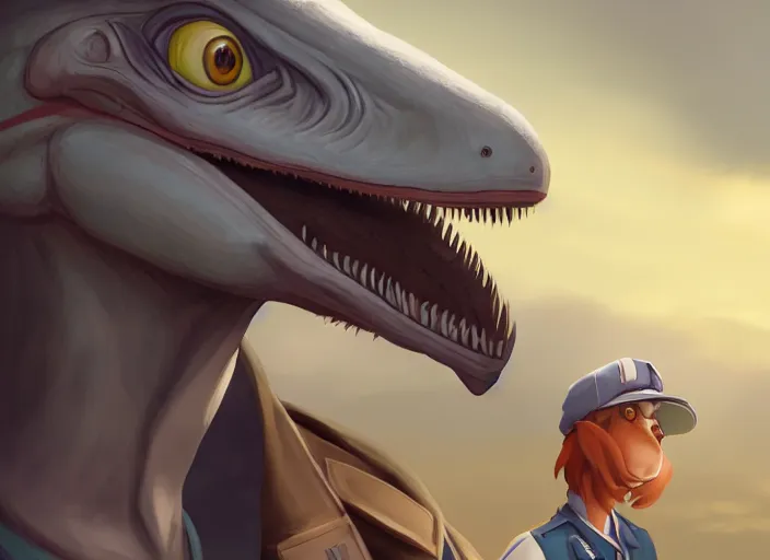 Image similar to character portrait feature of the anthro male anthropomorphic velociraptor dino fursona wearing airline pilot outfit uniform professional pilot character design stylized by charlie bowater, ross tran, artgerm, and makoto shinkai, detailed, soft lighting, rendered in octane, maldives in background