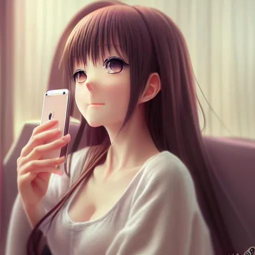 Image similar to beautiful serene intricate very detailed portrait of a realistic anime girl taking a selfie, smiling softly, wearing casual clothes, relaxing on the couch, interior lighting, cozy living room interior, soft focus, 8 k, art by irakli nadar, hyperrealism, hyperdetailed, ultra realistic