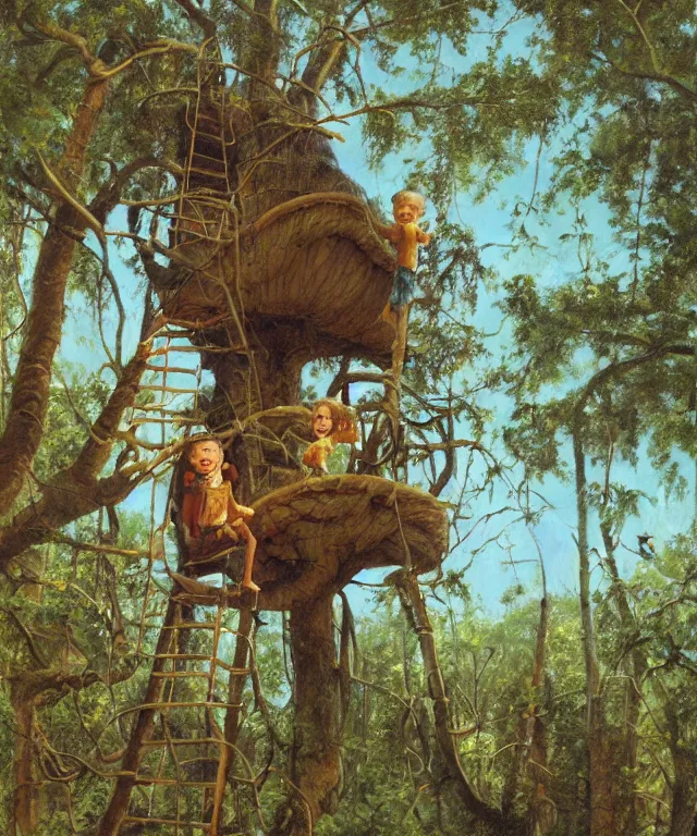 Image similar to masterful oil on canvas painting, eye - level view, shot from 5 0 feet distance, of a kid playing in a treehouse. in the background is a whimsical sparse forest. golden hour, detailed, depth, volume, chiaroscuro, quiet intensity, vivid color palette. by tex avery and gerald brom