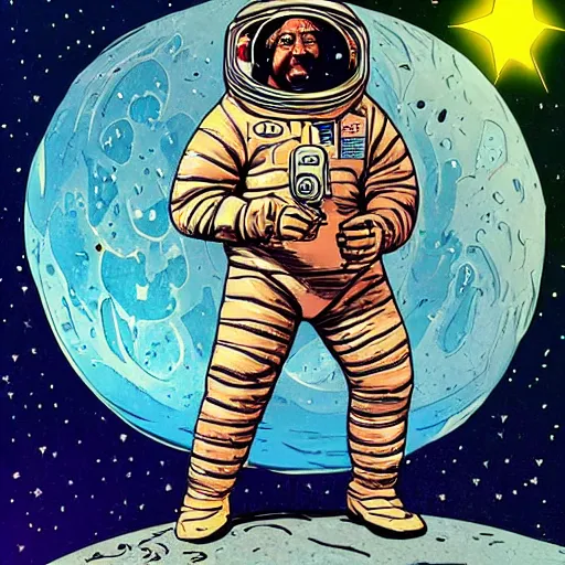 Prompt: neanderthal in a space suit floating in space, stars glittering in background, pulp science fiction illustration