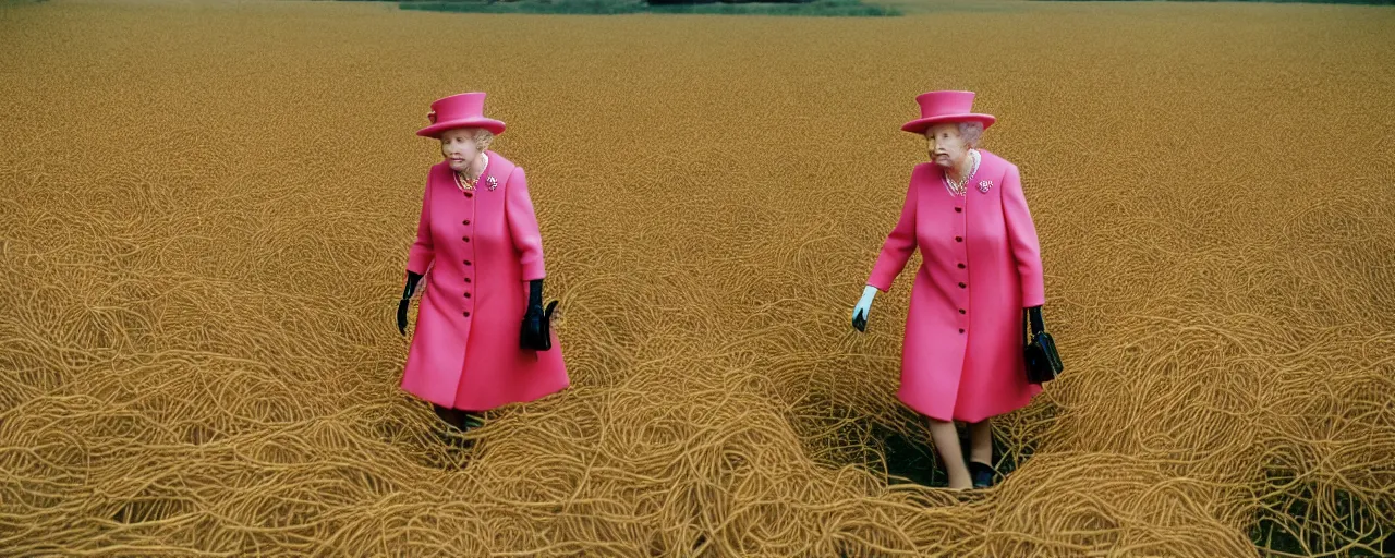 Image similar to queen elizabeth as a young woman walking through a field of spaghetti, canon 2 0 mm, wes anderson, kodachrome