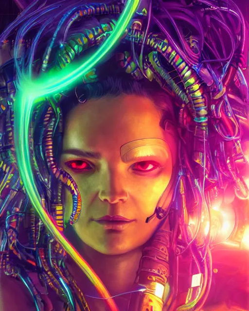 Image similar to a cyberpunk close up portrait of cyborg medusa, electricity, rainbow, snakes in hair, sparks, bokeh, soft focus, skin tones, warm, daylight, geometric, by unreal engine, paul lehr, jesper ejsing