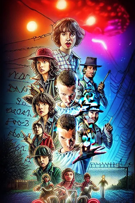 Prompt: “movie poster for season five of stranger things, hyperrealistic, super detailed, digital art, 2023”