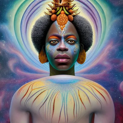 Prompt: obatala the cosmic god sitting on a throne of nebula clouds, by Adi granov and afarin sajedi and amanda sage and evgeni gordiets in a psychedelic portrait style, ultrarealistic matte painting, volumetric lighting, piercing eyes, highly detailed face, orisha, 8k, hd