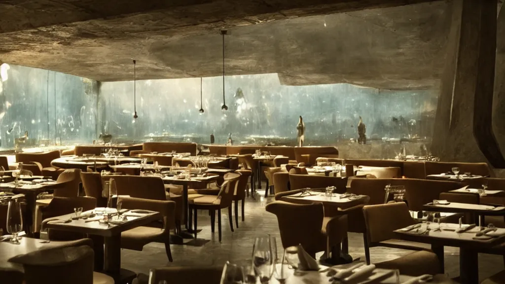 Image similar to restaurant where some of the floor is squares of water, film still from the movie directed by Denis Villeneuve with art direction by Salvador Dalí, wide lens