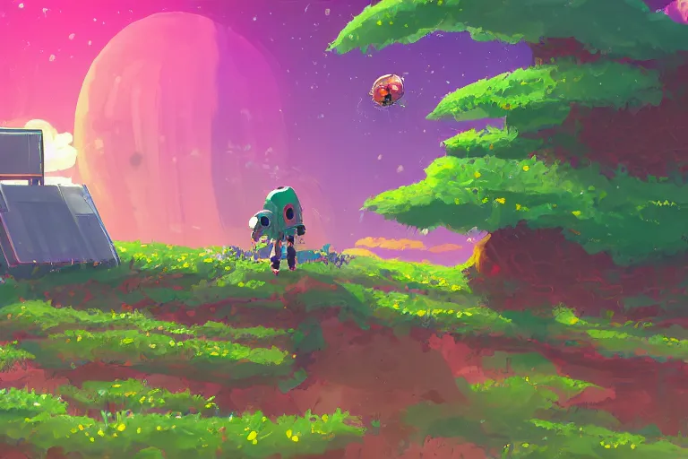 Prompt: computer game art, a flying buddy robot nearby, a small planet in the future, a Tinker's shack on a barren planet, wild berry vines, a berry farm, space junk, volcanoes, in the style of studio ghibli and No Man's Sky and Breath of the Wild