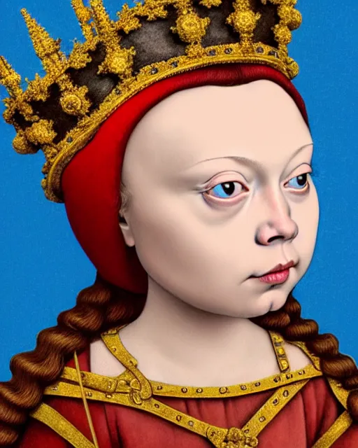 Image similar to closeup profile medieval jan van eyck face portrait of tin toy greta thunberg as a fairytale princess wearing a crown eating cakes in the castle, bikini, nicoletta ceccoli, mark ryden, lostfish, max fleischer, hyper realistic, artstation, illustration, digital paint, matte paint, vivid colors, bright, cheerful, detailed and intricate environment
