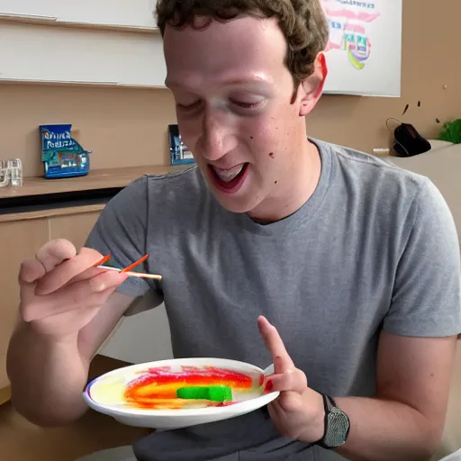 Image similar to mark zuckerberg eating gummy worm ramen