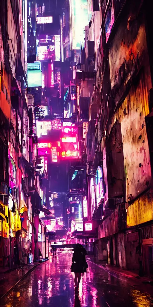 Prompt: cyberpunk city at night, night clubs and neons, rain, camera above roofs, girl under lantern