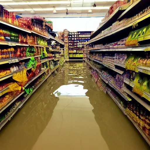 Prompt: photo of a grocery store interior, the floor is flooded with one meter deep water. eerie, volumetric lighting.