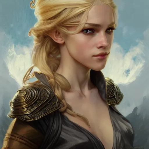 Image similar to an epic fantasy comic book style portrait painting of a young blonde girl thief, d & d, fantasy, joyful smirk, intricate, elegant, highly detailed, digital painting, artstation, concept art, matte, sharp focus, illustration, art by artgerm and greg rutkowski and alphonse mucha