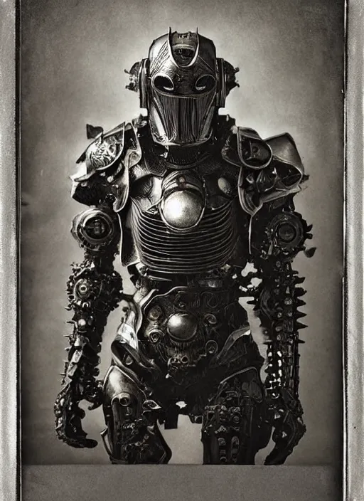 Image similar to old wetplate daguerreotype frame portrait of a futuristic silver armored evil dangerous horror knight district 9 cyborg, fractal, intricate, elegant, highly detailed, subsurface scattering, by jheronimus bosch and greg rutkowski and louis jacques mande daguerre