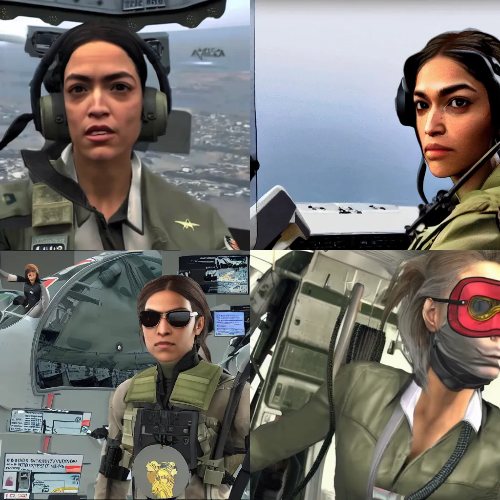 Prompt: Alexandria Ocasio-Cortez piloting Metal Gear from Metal Gear Solid at CPAC, view from a news helicopter, high definition game screenshot, 8K resolution