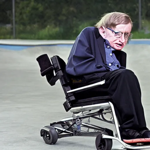 Image similar to Stephen Hawking doing tricks at a skate park