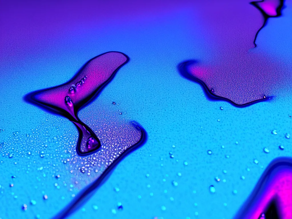 Image similar to a beautiful blue and pink 3 d geometrically printed liquid droplets melting into each other psychedelic, dripping black iridescent liquid, confident, moody, dramatic, introspective, 4 k, trending on artstation, photorealistic, volumetric lighting, octane render