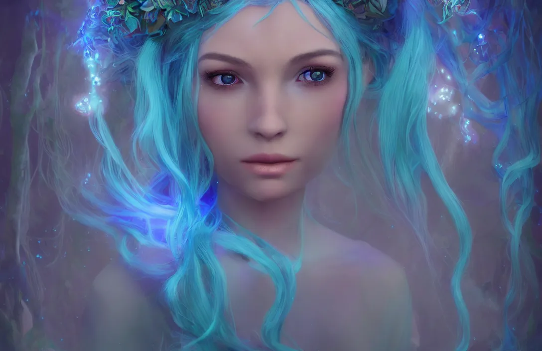 Prompt: beautiful fairie girl with flowing blue hair ( accurate facial details ) ( accurate body details ), walking through a bioluminescent magical forest, magical, dreamy, cinematic lighting, beautiful lighting, hyperdetailed 4 k artstation