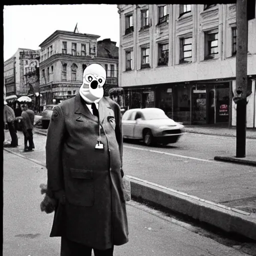 Image similar to dr. zoidberg at checkpoint charlie, realistic, old photograph