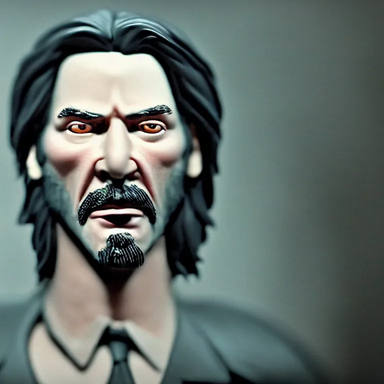 Prompt: a cinematic film still of a claymation stop motion film starring keanu reeves, portrait, shallow depth of field, 8 0 mm, f 1. 8