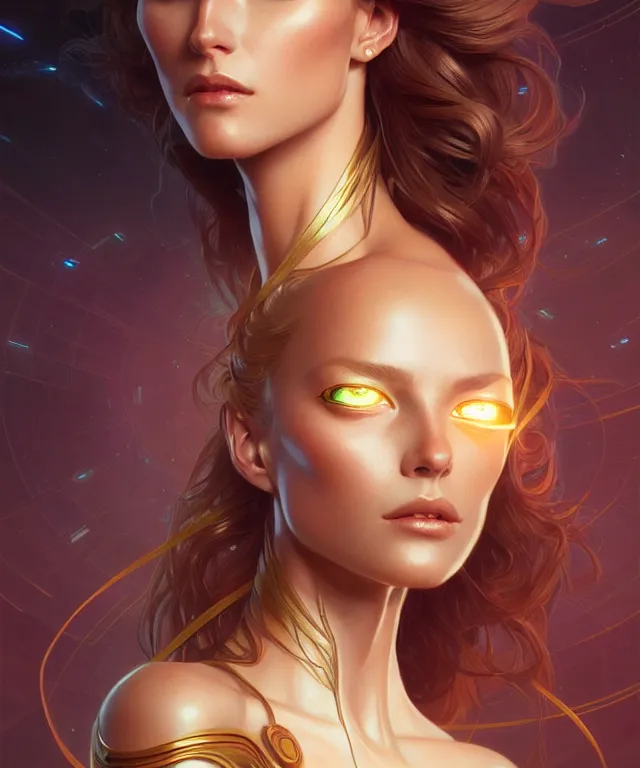 Image similar to futuristic woman portrait, sci-fi, amber eyes, face, long hair, fantasy, intricate, elegant, highly detailed, digital painting, artstation, concept art, smooth, sharp focus, illustration, art by artgerm and greg rutkowski and alphonse mucha