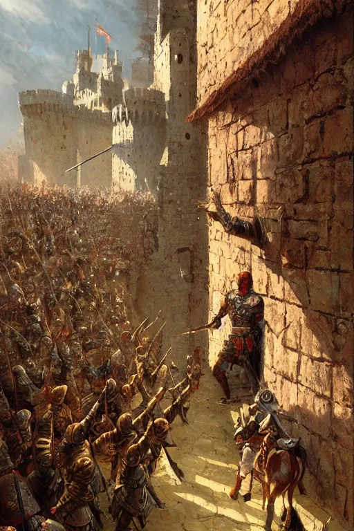 Image similar to A ighly detailed fantasy painting of a male warrior on a castle wall and an approaching army by Marc Simonetti and Craig Mullins