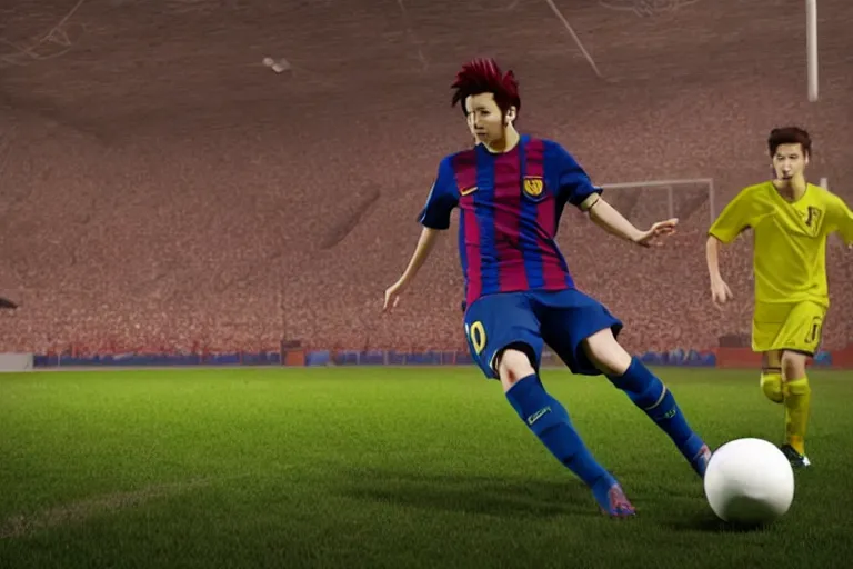 Prompt: anime soccer player scores goal like lionel messi, hyper realism, octane render