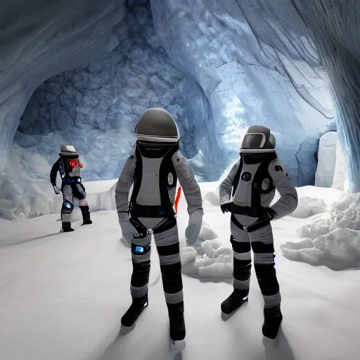 Prompt: photo realistic space explorers standing in massive ice cave, volumetric lighting